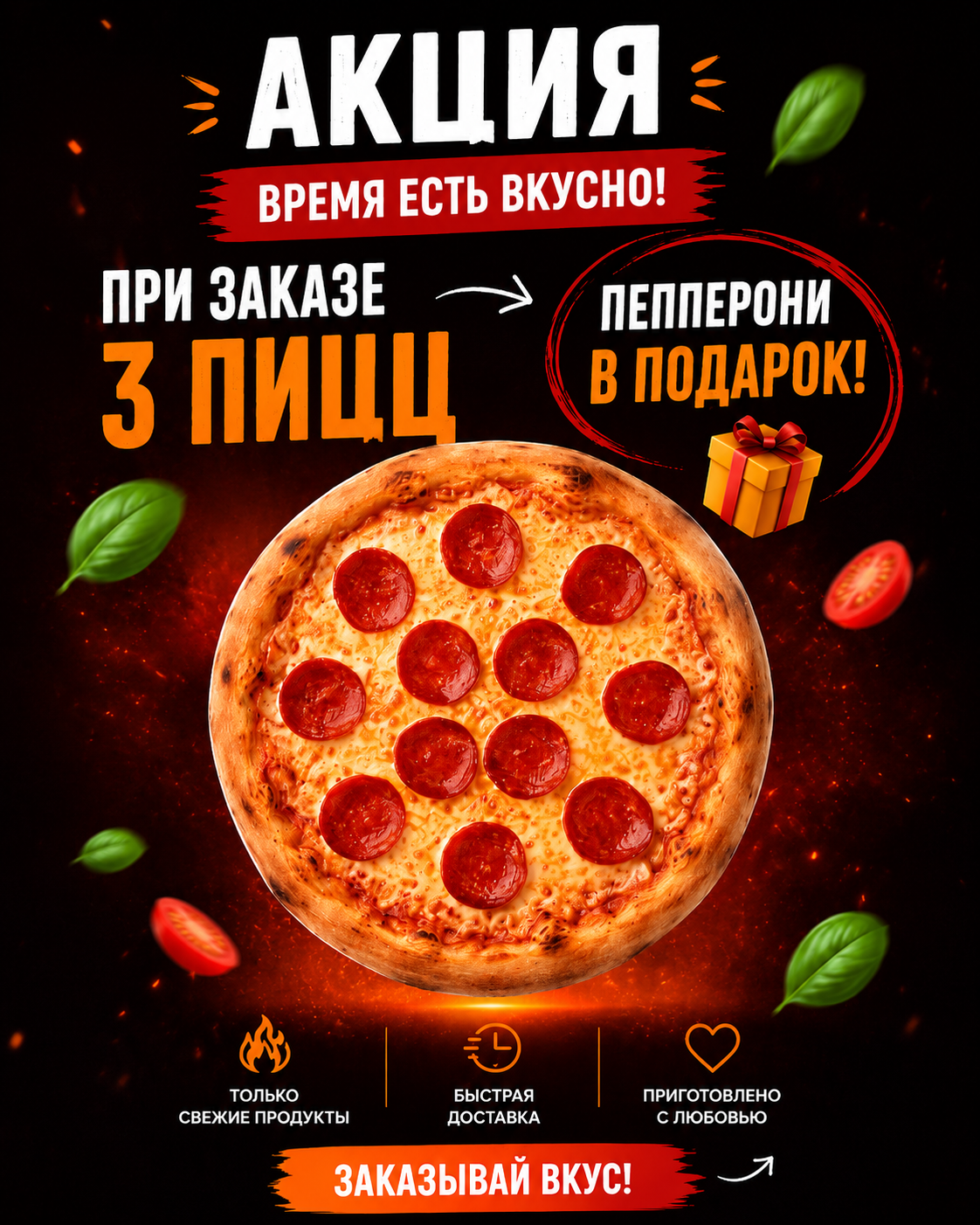 3 пиццы - пепперони в подарок